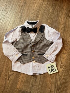 Little Lad Boys' Plaid Vest & Shirt Set with Navy Bow Tie